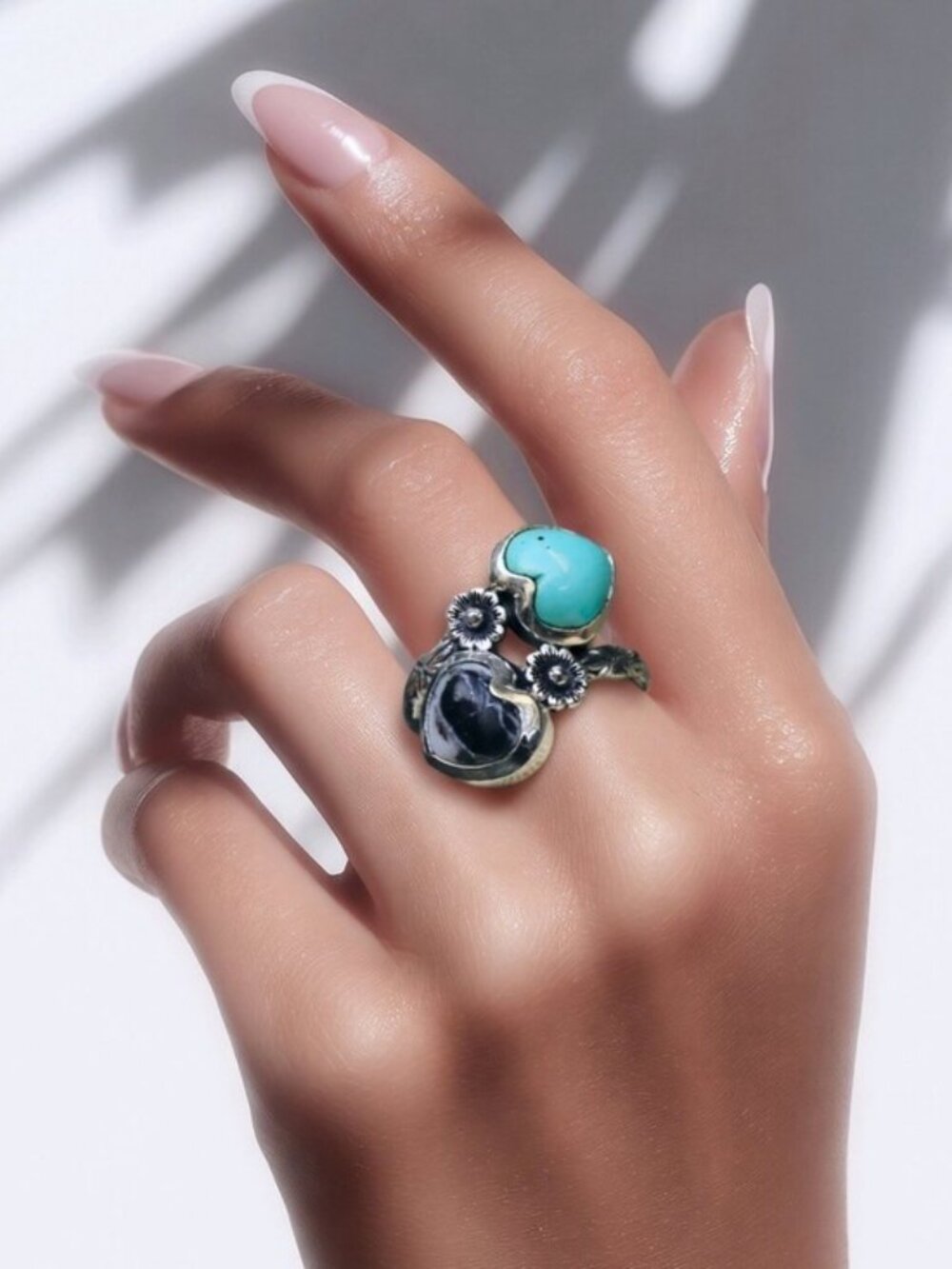 Artisan Tahoe Nevada Turquoise White Buffalo Heart Ring 925 Silver Bypass Sz 7